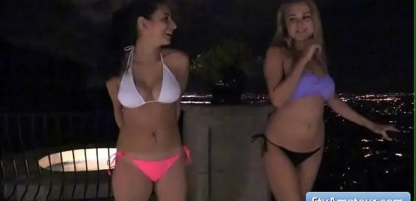  Natural busty hot brunette amateur Nina share Jacuzzi with her blonde hot friend at night